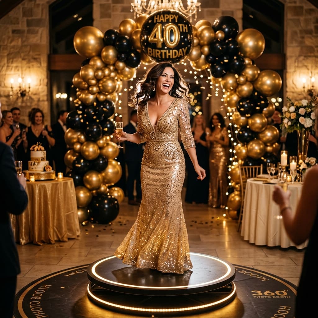 Elegant birthday celebration on the 360 video booth with warm gold ring light