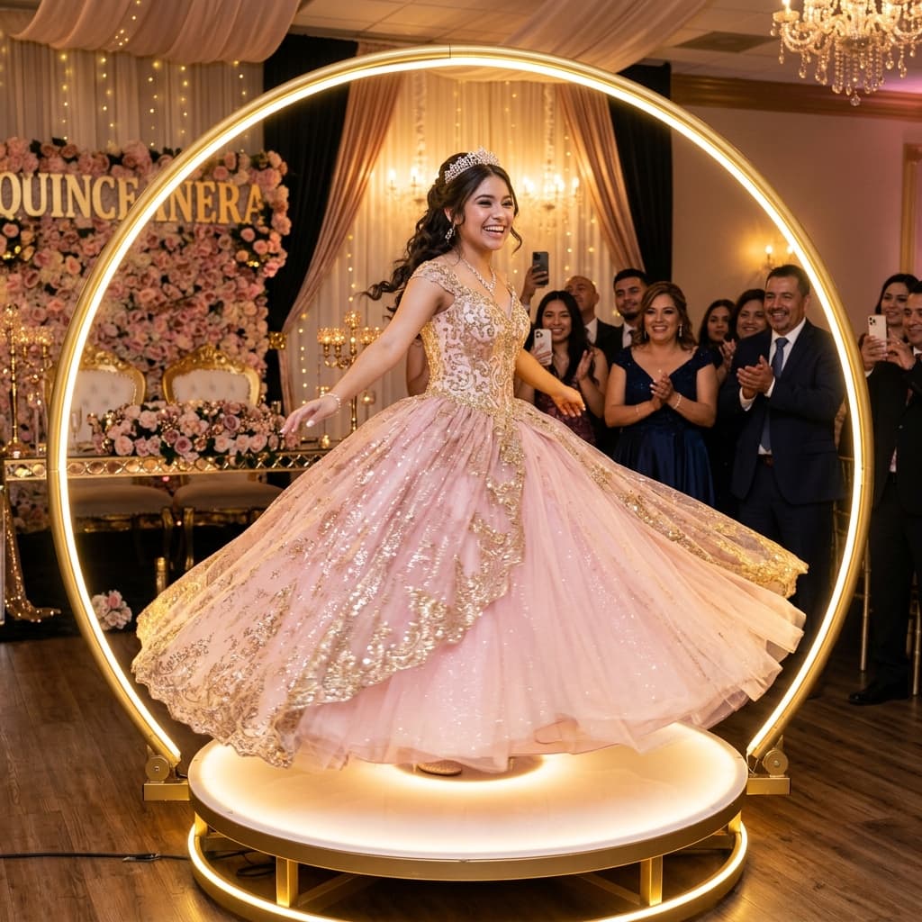 Quinceañera celebration — young woman in a gold ball gown twirling on the 360 video booth platform