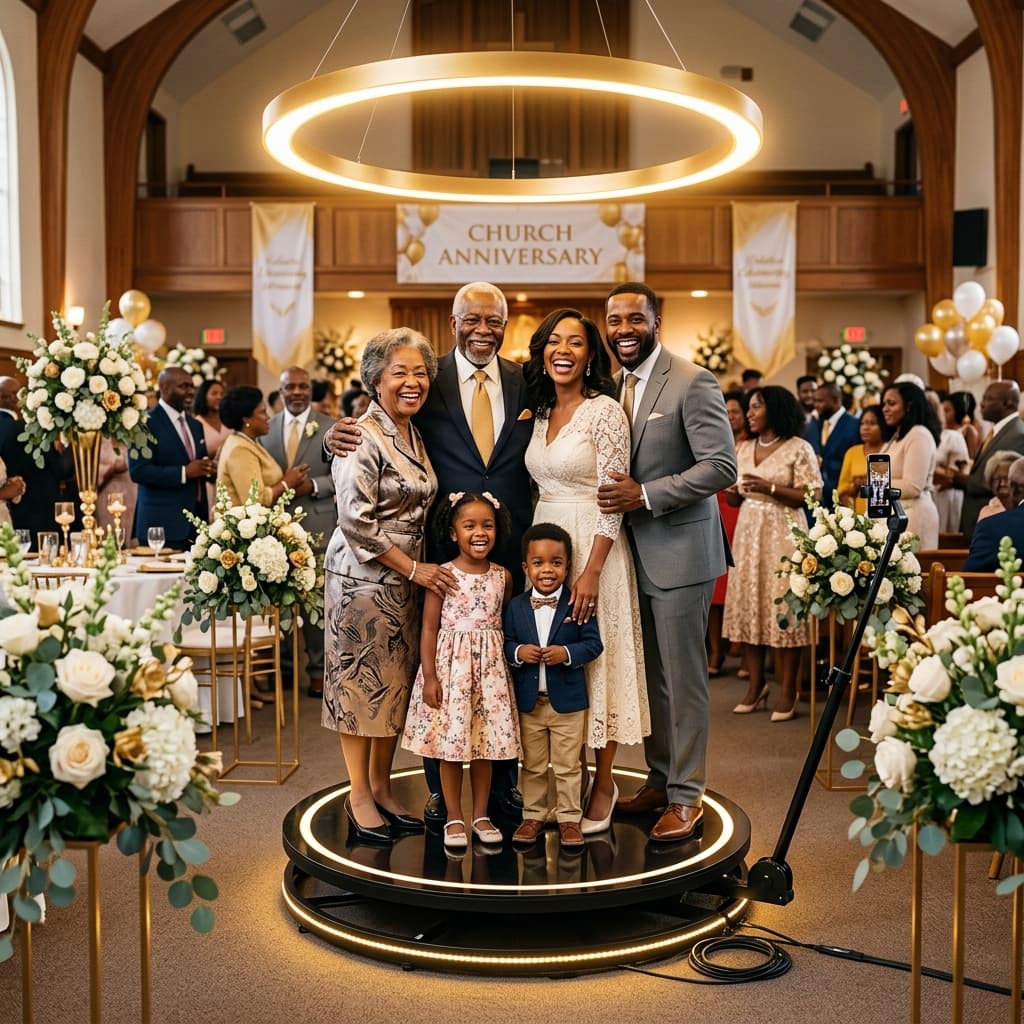 Church event celebration with family members of all ages on the 360 video booth