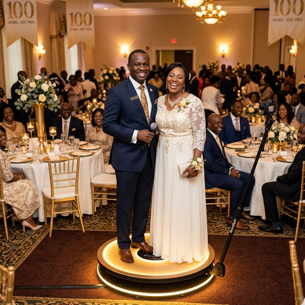 Church anniversary banquet — pastor and first lady posing on the 360 video booth platform
