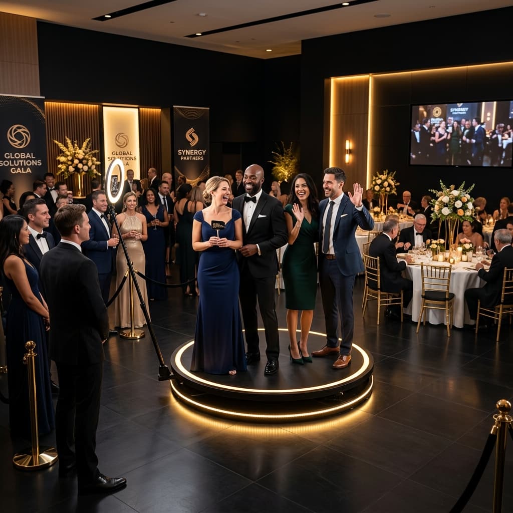 Corporate gala attendees enjoying the 360 video booth experience