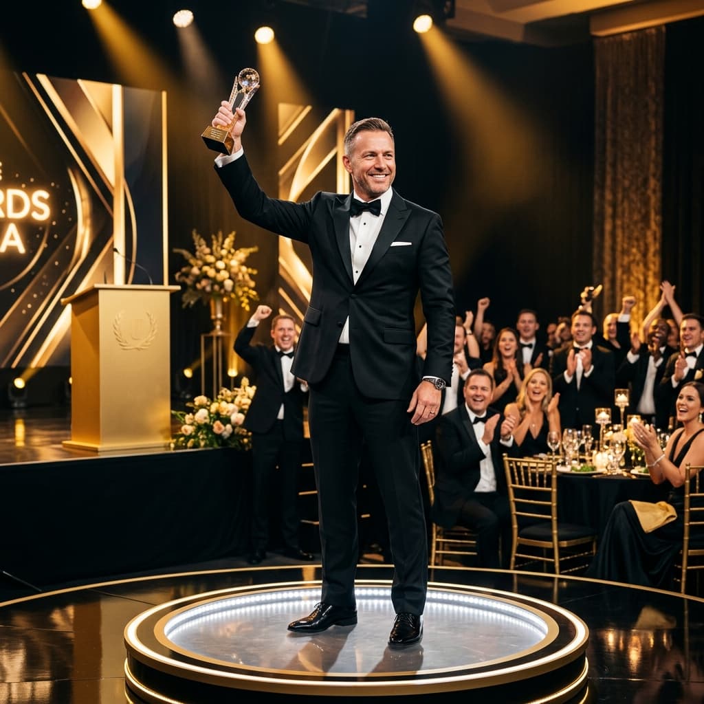 Corporate awards ceremony — executive posing on the 360 video booth platform