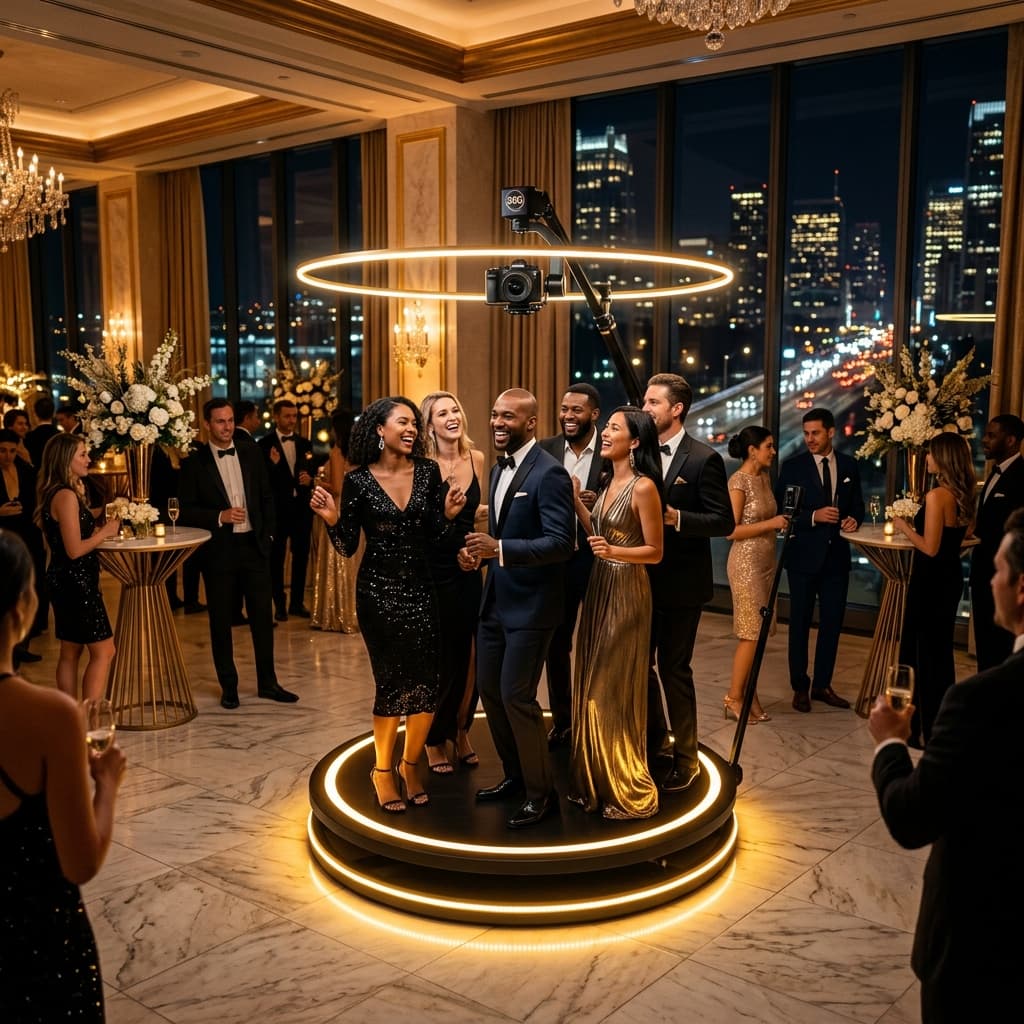 Upscale hotel ballroom celebration with guests using the 360 video booth