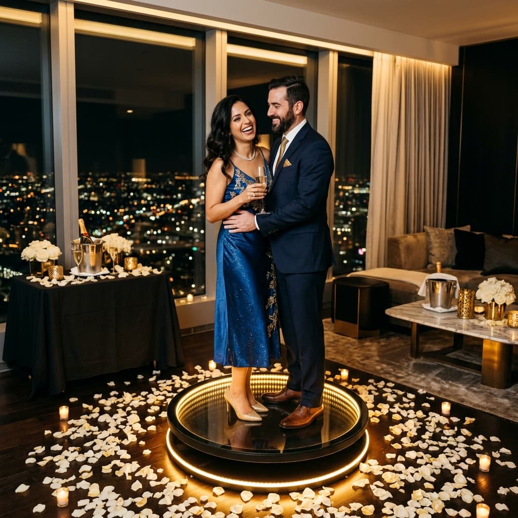 Five-star hotel anniversary celebration — couple on the 360 video booth with city skyline behind them