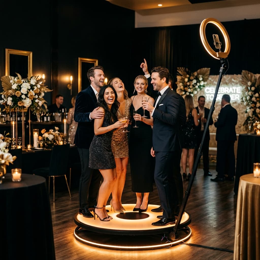 Intimate private celebration with close friends laughing on the 360 video booth platform