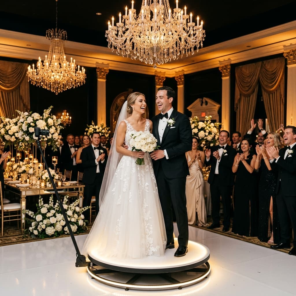 Bride and groom smiling on the 360 video booth at their wedding reception