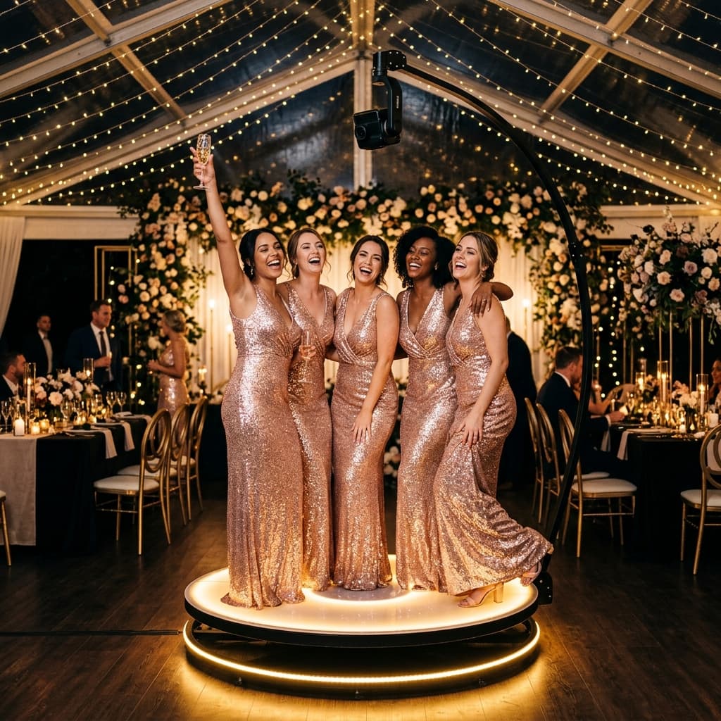 Bridal party laughing together on the 360 video booth platform