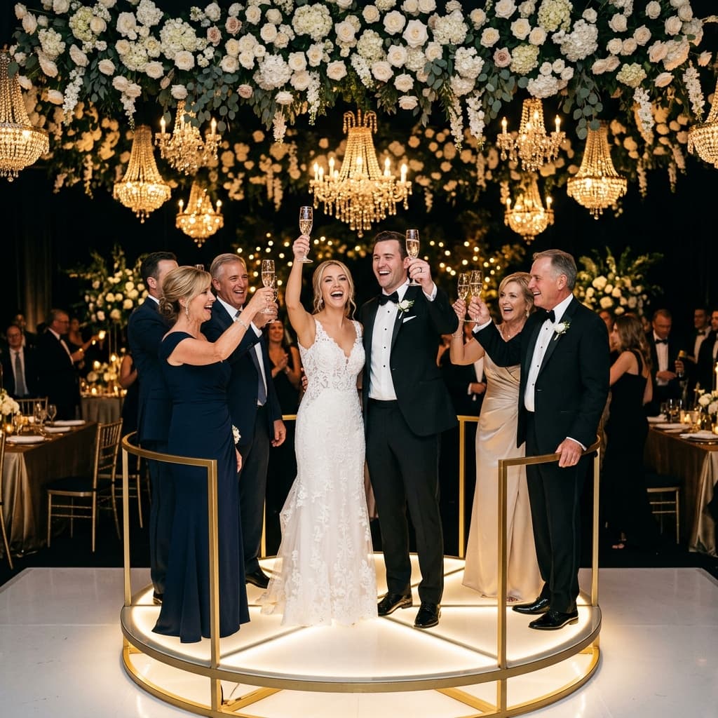 Wedding toast — couple and families celebrating with champagne on the 360 video booth platform