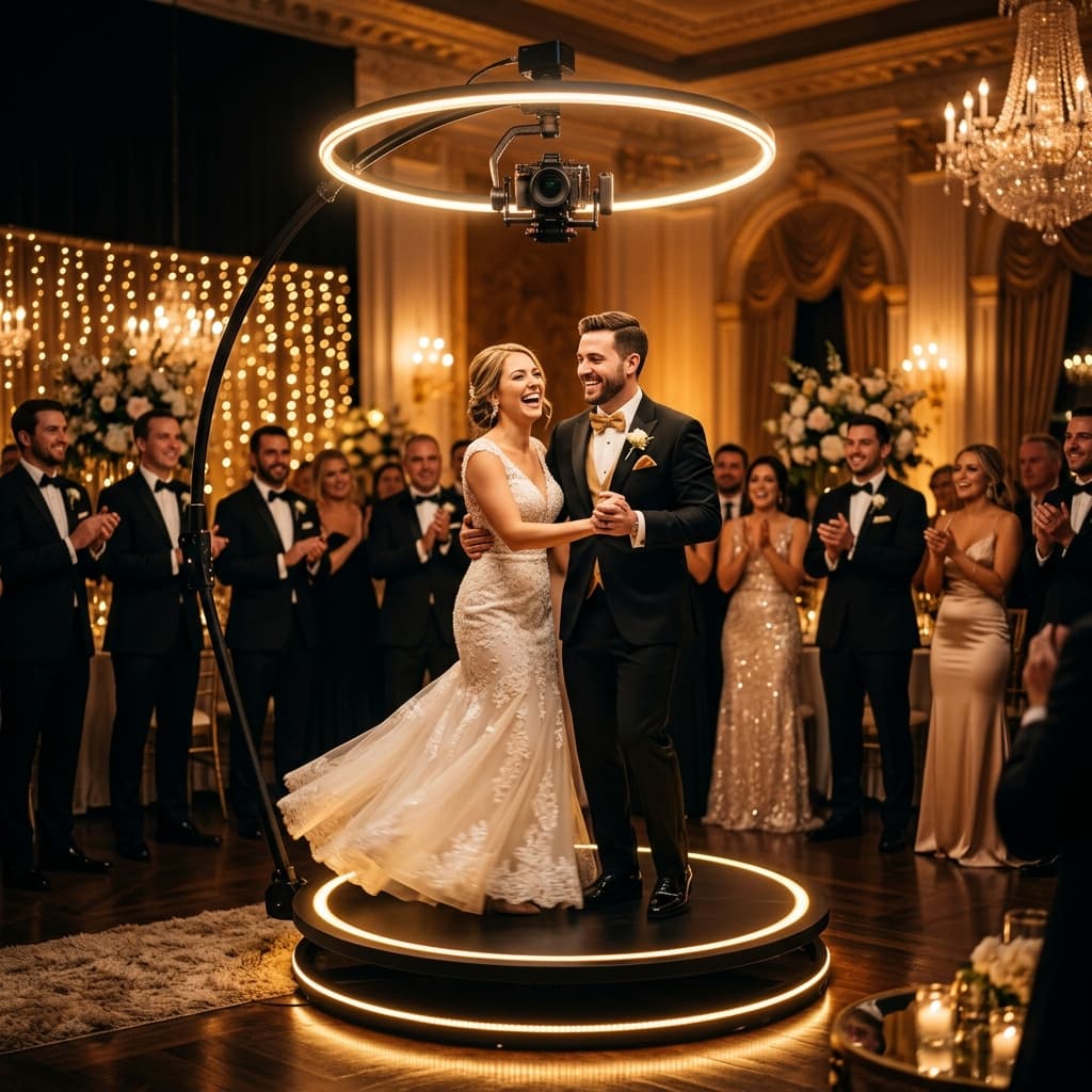 Bride and groom mid-spin on the LMS 360 video booth platform at an elegant wedding reception, surrounded by warm gold ring light