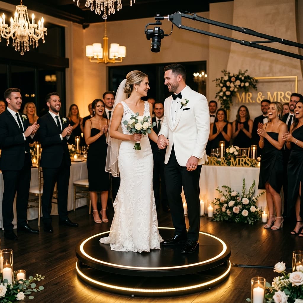 Intimate wedding couple on the 360 video booth platform — 2-hour package