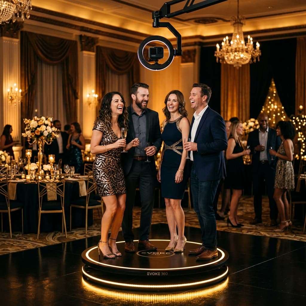 Group of guests celebrating on the 360 video booth platform — 4-hour package