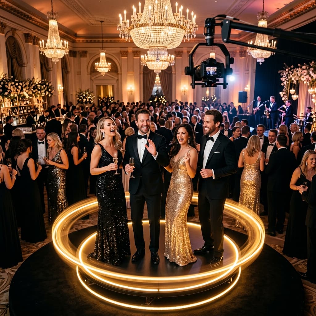 Black-tie gala guests on the 360 video booth platform at a grand ballroom — 6-hour package